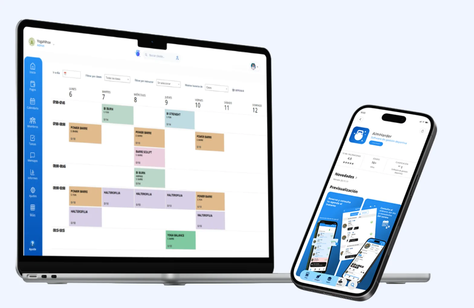Calendario de clases de AimHarder en portátil y la app en el móvil